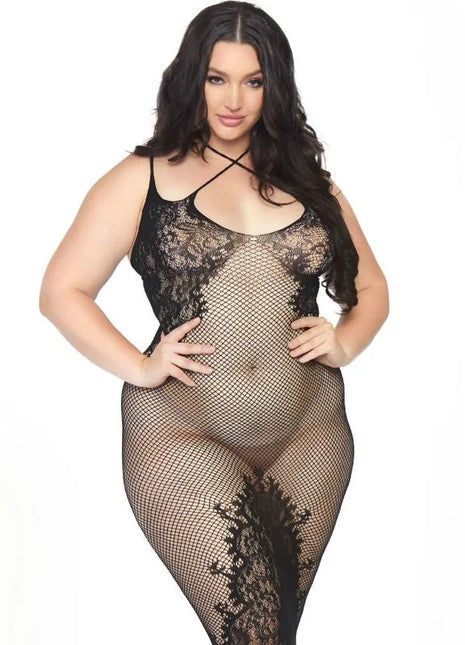 Leg avenue schwarzer lace bodysuit mit fishnet mesh und floralen details am ausschnitt, schultern und beinen