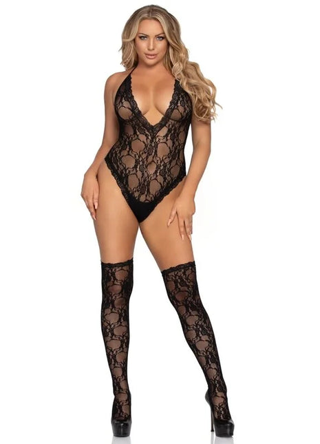 LEG AVENUE - LACE DEEP -V TEDDY UND STRÜMPFE EINE GRÖSSE - Bodys