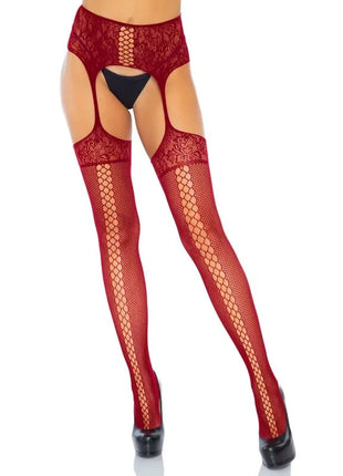 Red lace and mesh thigh-high stockings with garter burgundy one size by leg avenue paired with black undergarment