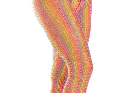 Vibrante mehrfarbige häkelstrümpfe von leg avenue mit irisierendem gewebtem mesh-muster in orange, gelb und pink