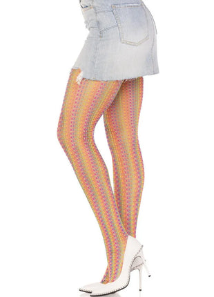 Leg avenue multicolored gehäkelte strümpfe mit buntem verlauf in orange, gelb und lila gestreift