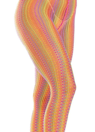 Vibrante mehrfarbige häkelstrümpfe von leg avenue mit irisierendem gewebtem mesh-muster in orange, gelb und pink