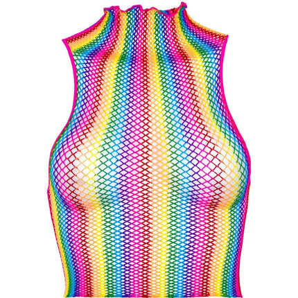 Leg avenue mehrfarbige netzkappe mit regenbogenfarbenen streifen, hoher hals und figurbetontem mesh-stoff
