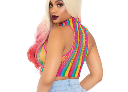 Leg Avenue mehrfarbige Netzkappe rainbow-striped mesh crop top mit hohem ausschnitt und pinkem rand