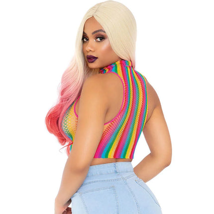 Leg Avenue mehrfarbige Netzkappe rainbow-striped mesh crop top mit hohem ausschnitt und pinkem rand