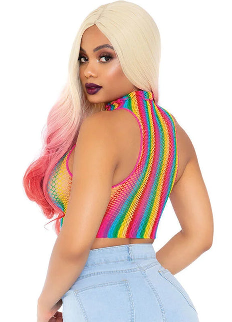 Leg Avenue mehrfarbige Netzkappe rainbow-striped mesh crop top mit hohem ausschnitt und pinkem rand