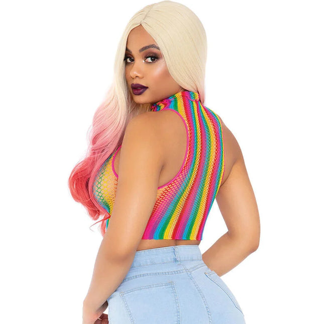 Leg Avenue mehrfarbige Netzkappe rainbow-striped mesh crop top mit hohem ausschnitt und pinkem rand