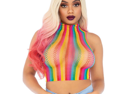 Leg avenue mehrfarbige netzkappe rainbow gestreiftes mesh crop top mit hohem hals und bunten streifen
