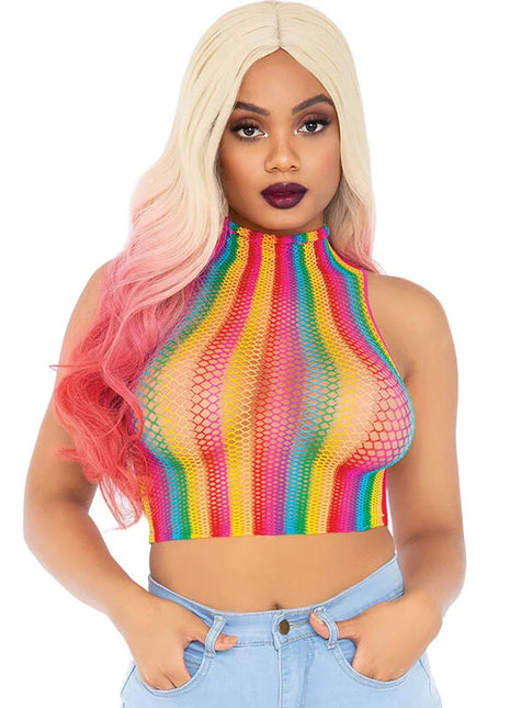 Leg avenue mehrfarbige netzkappe rainbow gestreiftes mesh crop top mit hohem hals und bunten streifen
