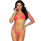 Leg Avenue mehrfarbiger netz-bodys mit langen ärmeln rainbow mesh fishnet bodysuit mit hohem kragen