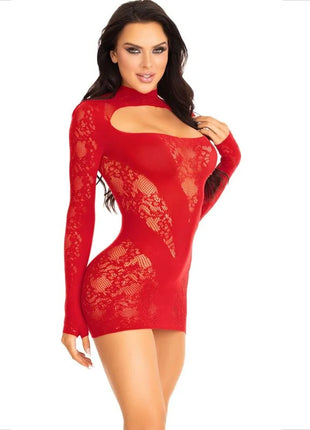 LEG AVENUE - MINIKLEID MIT SPITZE LANGARM ROT