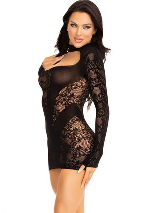 LEG AVENUE - MINIKLEID MIT SPITZE LANGARM SCHWARZ