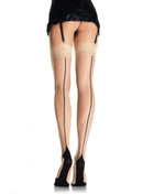 Beige sheer thigh-high stockings with black elastic straps and subtle vertical seam from leg avenue visible from the back