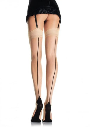 Beige sheer thigh-high stockings with black elastic straps and subtle vertical seam from leg avenue visible from the back