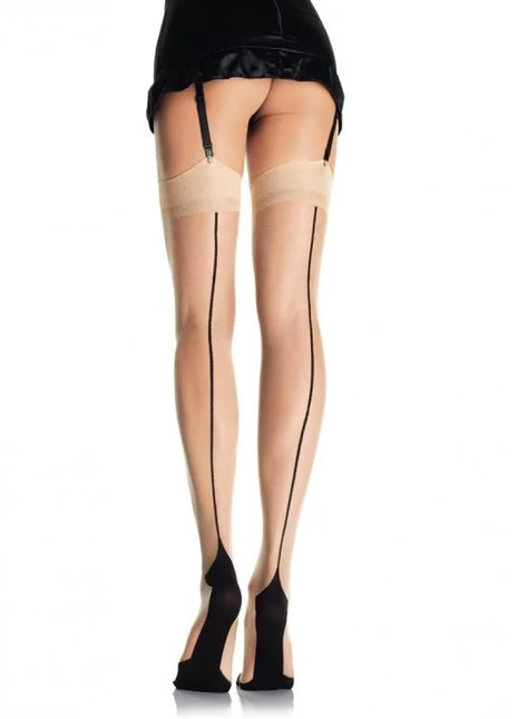 Beige sheer thigh-high stockings with black elastic straps and subtle vertical seam from leg avenue visible from the back