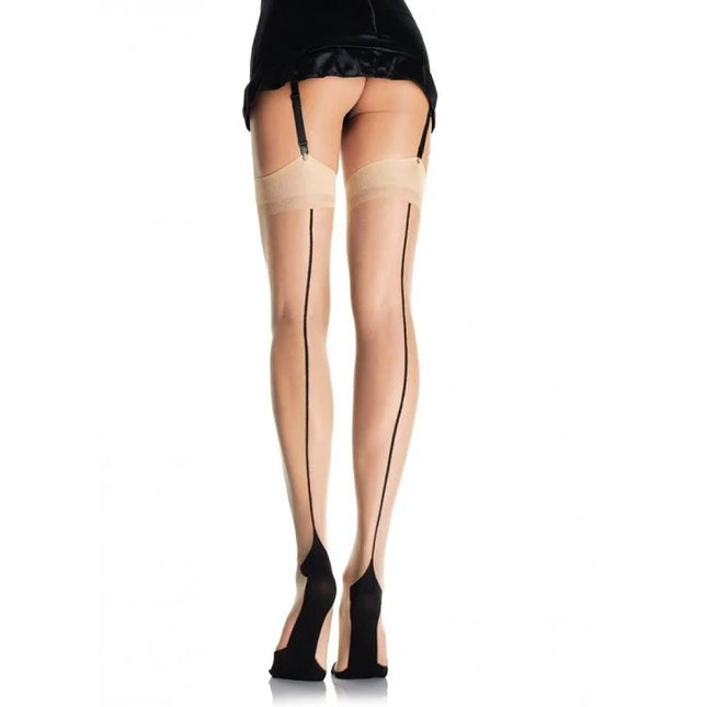 Beige sheer thigh-high stockings with black elastic straps and subtle vertical seam from leg avenue visible from the back