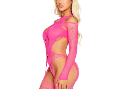 LEG AVENUE - NETZ-BODYSOCKING MIT STRUMPFGÜRTEL UND HARNESS NEON PINK - Strumpfband Set