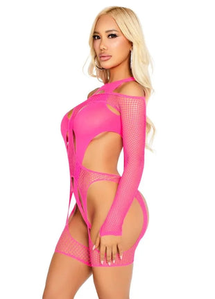LEG AVENUE - NETZ-BODYSOCKING MIT STRUMPFGÜRTEL UND HARNESS NEON PINK - Strumpfband Set