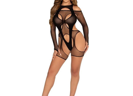 LEG AVENUE - NETZ-BODYSOCKING MIT STRUMPFGÜRTEL UND HARNESS SCHWARZ - Strumpfband Set