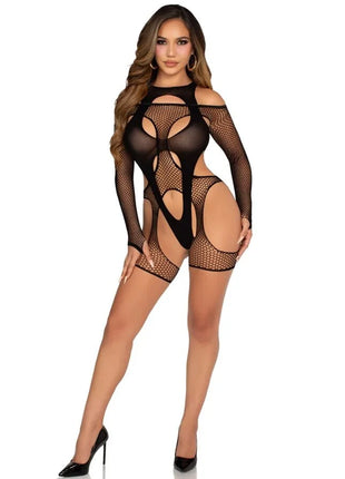 LEG AVENUE - NETZ-BODYSOCKING MIT STRUMPFGÜRTEL UND HARNESS SCHWARZ - Strumpfband Set