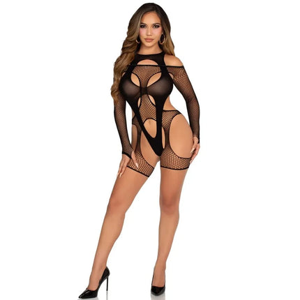 LEG AVENUE - NETZ-BODYSOCKING MIT STRUMPFGÜRTEL UND HARNESS SCHWARZ - Strumpfband Set