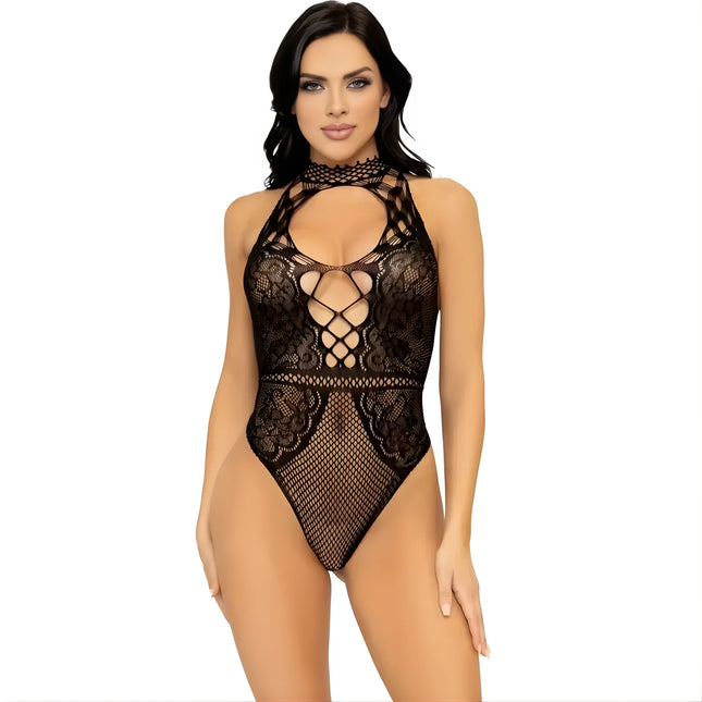 LEG AVENUE - NETZ- UND SPITZEN-SCHLÜSSELLOCH-HALTER-BODYS EINHEITSGRÖSSE