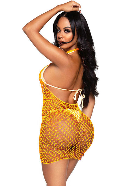 Eine lebendige gelbe netzbodycon-kleid mit neckholder und rückseitigen bändern von leg avenue in einer größe