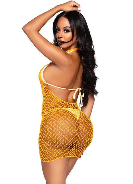 Eine lebendige gelbe netzbodycon-kleid mit neckholder und rückseitigen bändern von leg avenue in einer größe