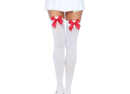 Weiße nylon oberschenkelhohe strümpfe mit roten satin schleifen von leg avenue