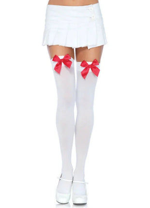 Weiße nylon oberschenkelhohe strümpfe mit roten satin schleifen von leg avenue