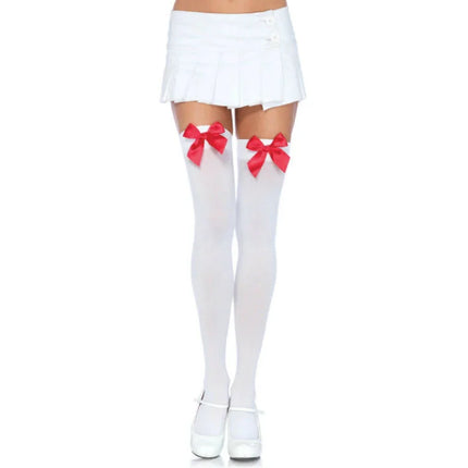 Weiße nylon oberschenkelhohe strümpfe mit roten satin schleifen von leg avenue