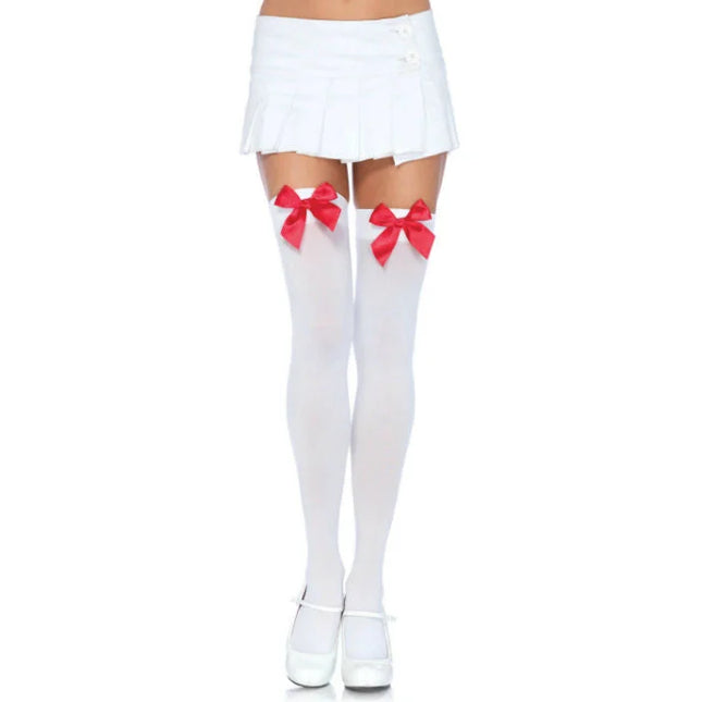 Weiße nylon oberschenkelhohe strümpfe mit roten satin schleifen von leg avenue