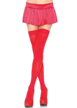 Leg avenue rote nylon oberschenkelhohe strümpfe mit plissee minirock und glitzernden plateauschuhen
