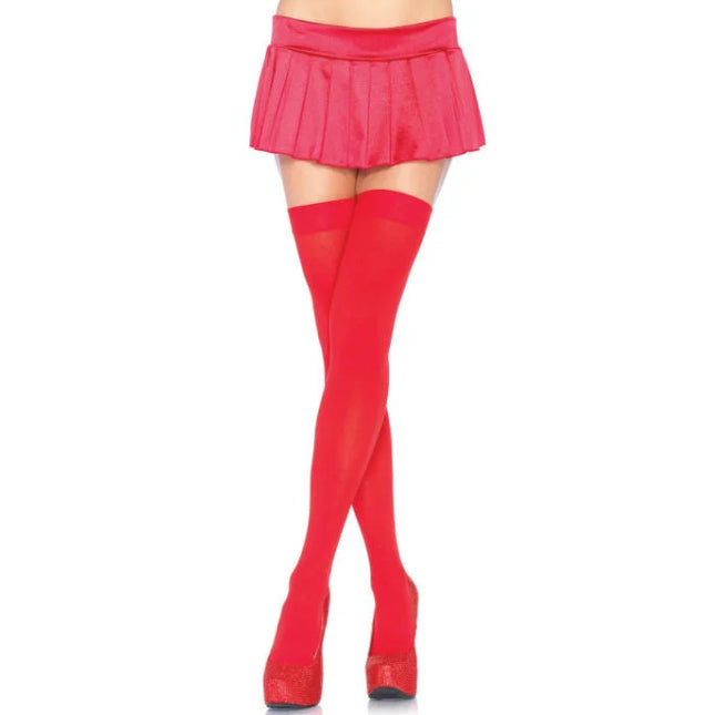Leg avenue rote nylon oberschenkelhohe strümpfe mit plissee minirock und glitzernden plateauschuhen