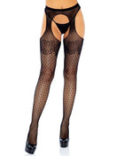 Schwarze netzstrümpfe mit polka dot muster und spitzendetails von leg avenue eine größe