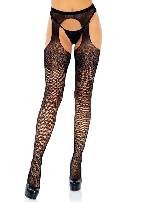Schwarze netzstrümpfe mit polka dot muster und spitzendetails von leg avenue eine größe
