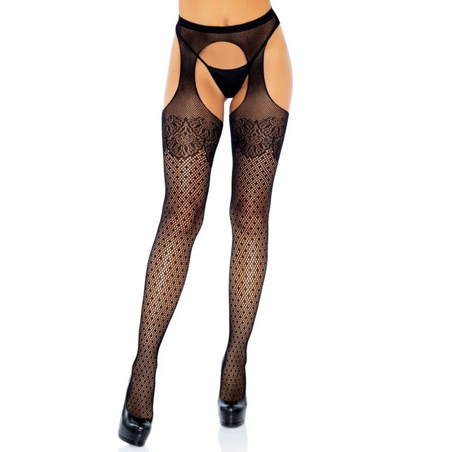 Schwarze netzstrümpfe mit polka dot muster und spitzendetails von leg avenue eine größe