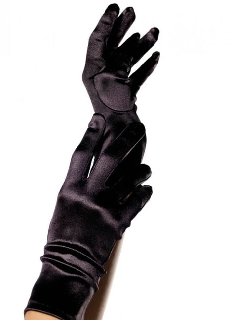 Schwarze satin-handschuhe von leg avenue mit elegantem, lang gezogenem design aus seidigem material