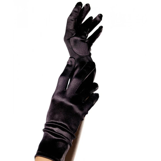 Schwarze satin-handschuhe von leg avenue mit elegantem, lang gezogenem design aus seidigem material