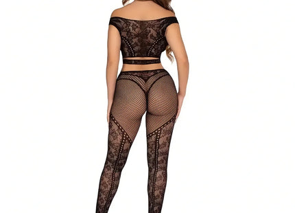 LEG AVENUE – Schulterfreies Crop Top & Netz-Legging Set - One Size - Top & Hose