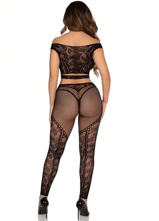 LEG AVENUE – Schulterfreies Crop Top & Netz-Legging Set - One Size - Top & Hose