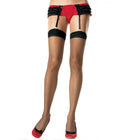 Leg avenue schwarze strumpfhose mit rotem und schwarzem spitzenstrumpfhalter und passenden oberschenkelstrümpfen