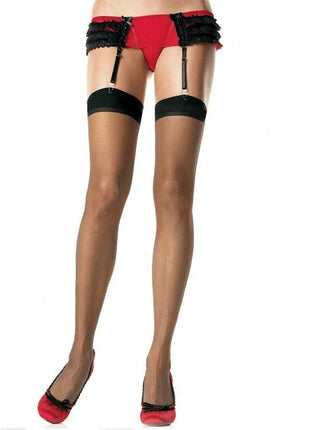 Leg avenue schwarze strumpfhose mit rotem und schwarzem spitzenstrumpfhalter und passenden oberschenkelstrümpfen