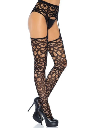 Leg avenue scroll spitzen-strumpfstrümpfe schwarze spitzenstrümpfe mit floralem muster und suspenders eine größe