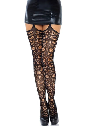 Schwarze spitzen-strumpfstrümpfe von leg avenue mit floralen mustern in einer größe