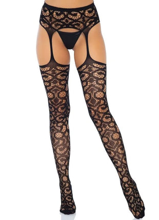 Schwarze spitzenstrümpfe mit floralen und kreisförmigen mustern und halterdesign von leg avenue eine größe