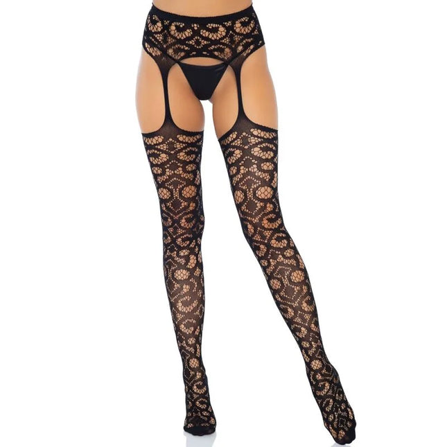 Schwarze spitzenstrümpfe mit floralen und kreisförmigen mustern und halterdesign von leg avenue eine größe