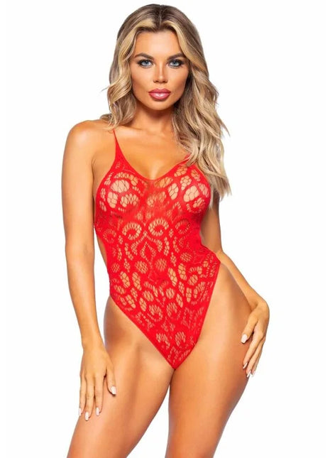 Rotes nahtloses lace teddy von leg avenue mit tiefem ausschnitt und hohem beinschnitt aus spitze