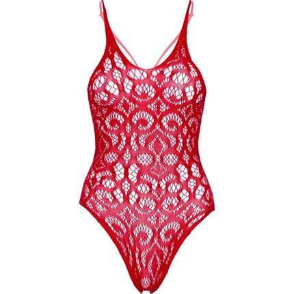 Roter spitzen-einteiler mit dünnen spaghetti-trägern und nahtlosem musterdetail von leg avenue