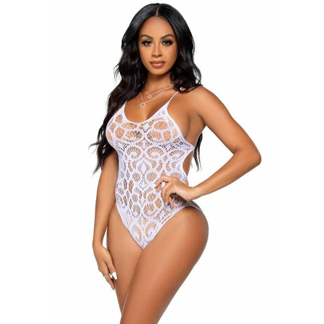 Weißes Spitzenbody mit nahtlosem Scroll-Spitzenmuster und dünnen Spaghettiträgern von Leg Avenue